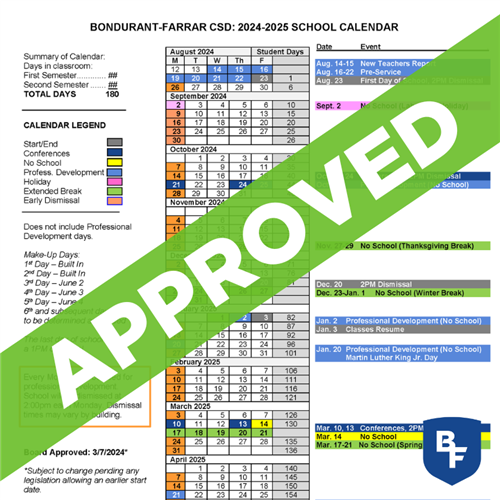 Click to view approved school calendar for the 2024-25 academic year